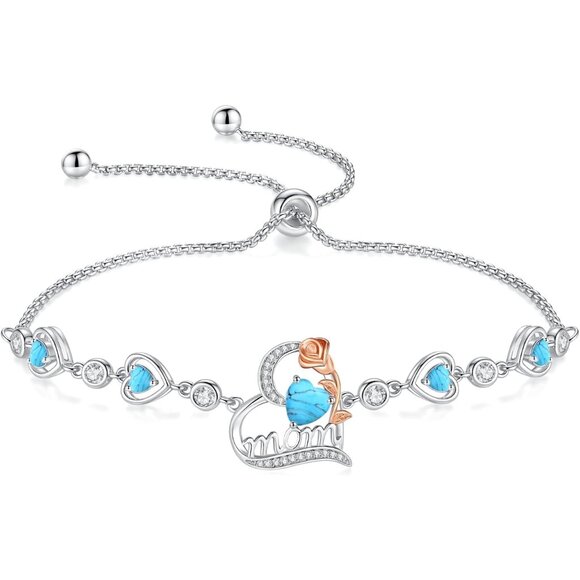 Mom Rose Heart Turquoise Birthstone Sterling Silver Bracelet - Adjustable 9 Inch